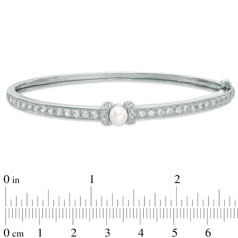 Main Image 2 of Previously Owned-5.5-6.0mm Freshwater Cultured Pearl and Lab-Created White Sapphire  Bangle in Sterling Silver-7.25"