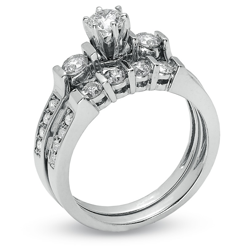 Previously Owned - 1 CT. T.W. Diamond Three Stone Bridal Set in 14K White Gold