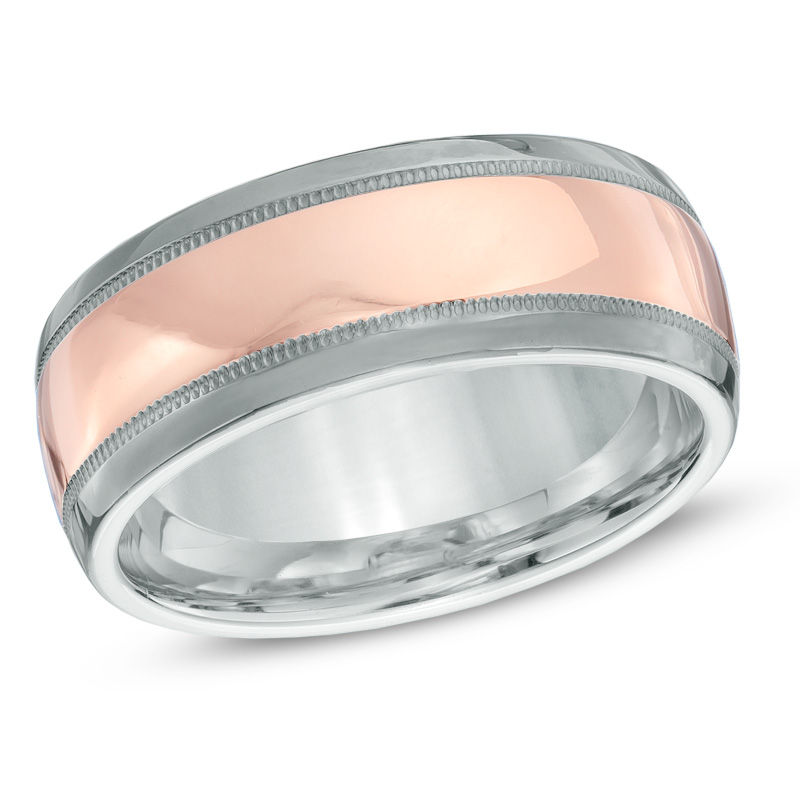 Previously Owned - Men's 8.0mm Milgrain Wedding Band in Sterling Silver and 14K Rose Gold