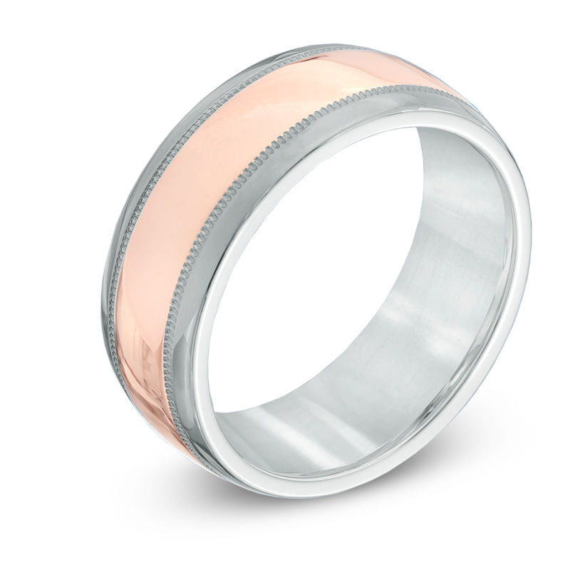 Previously Owned - Men's 8.0mm Milgrain Wedding Band in Sterling Silver and 14K Rose Gold