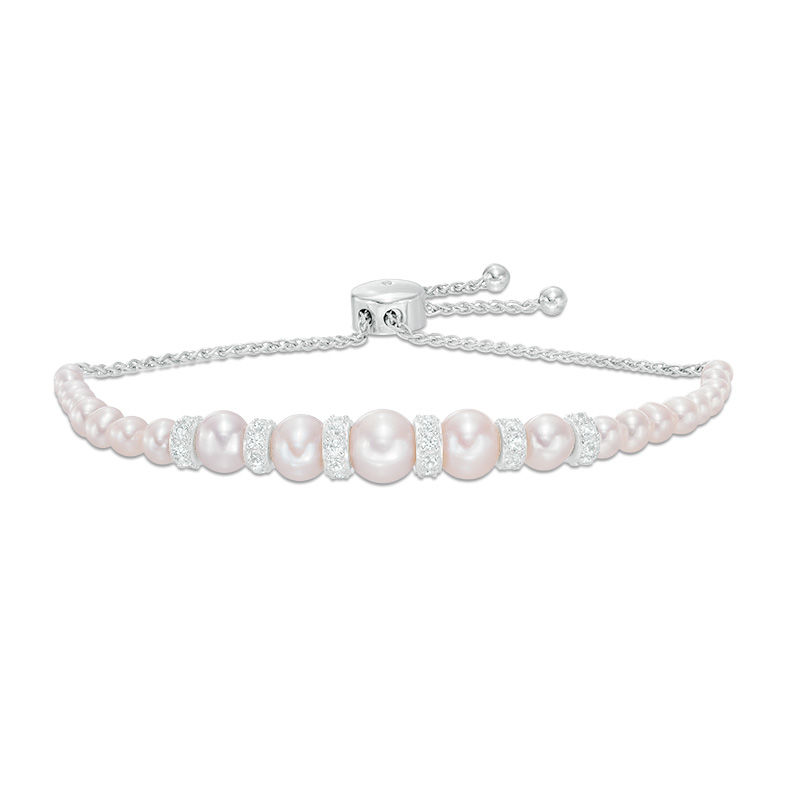 Main Image 1 of Previously Owned-Freshwater Cultured Pearl and Lab-Created White Sapphire Bolo Bracelet in Sterling Silver-9.0"