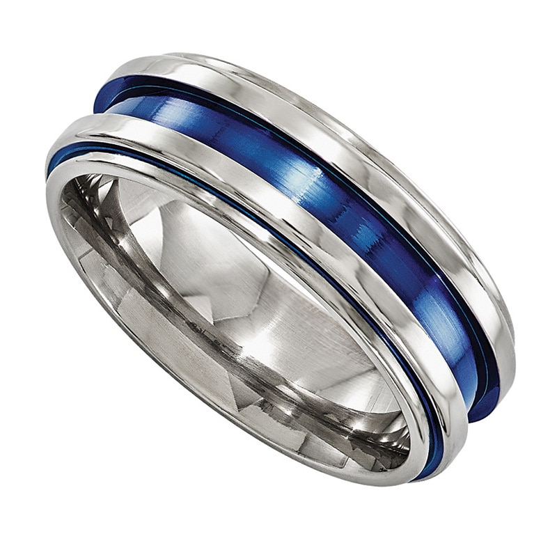 Previously Owned - Edward Mirell Men's 7.5mm Blue Grooved Wedding Band in Titanium