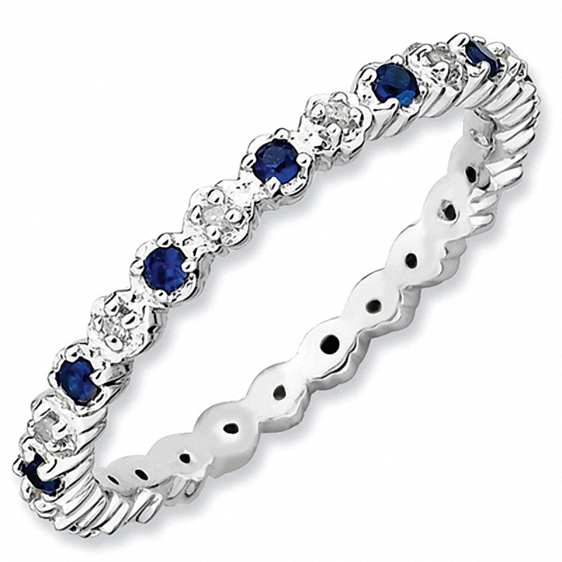 Main Image 1 of Previously Owned - Stackable Expressions™ Lab-Created Blue Sapphire and Diamond Accent Eternity Band in Sterling Silver