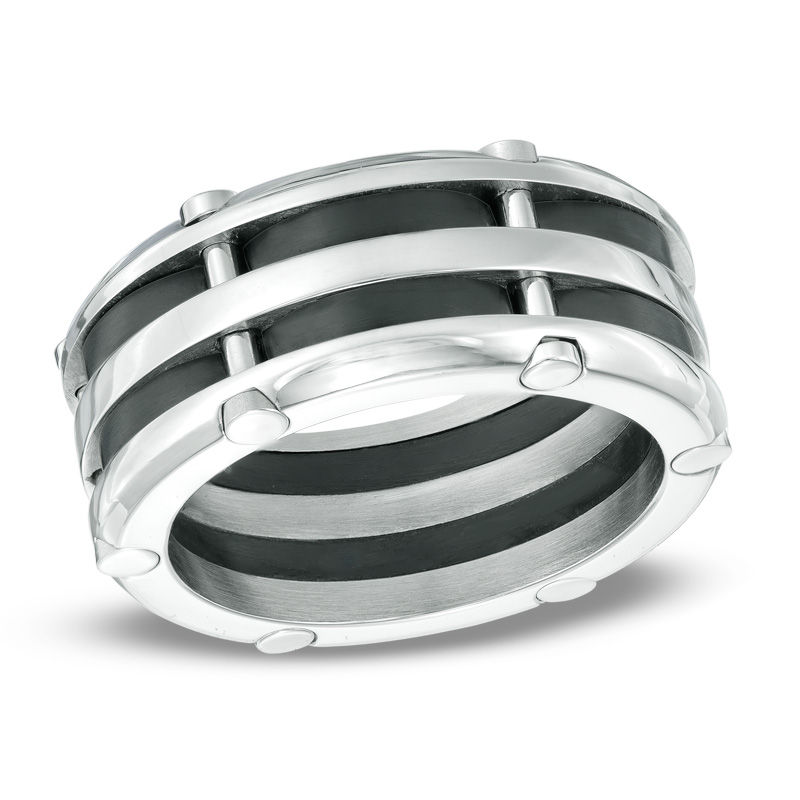 Previously Owned - Men's 10.0mm Comfort Fit Riveted Stainless Steel and Black IP Wedding Band