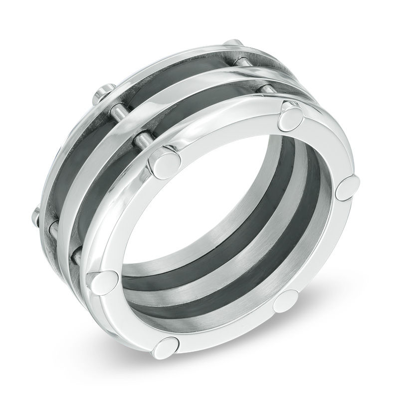 Previously Owned - Men's 10.0mm Comfort Fit Riveted Stainless Steel and Black IP Wedding Band