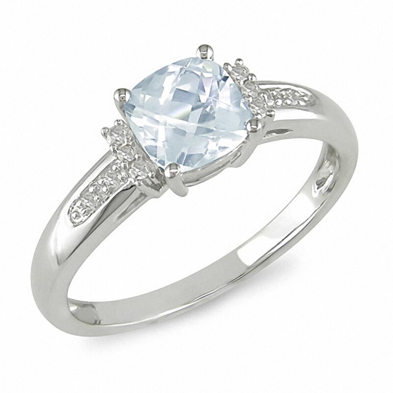 Main Image 1 of Previously Owned - Cushion-Cut Aquamarine and Diamond Engagement Ring in 10K White Gold