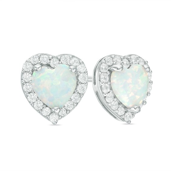 Previously Owned - 6.0mm Heart-Shaped Lab-Created Opal and White Sapphire Frame Stud Earrings in Sterling Silver Previously Owned - 6.0mm Heart-Shaped Lab-Created Opal and White Sapphire Frame Stud Earrings in Sterling Silver