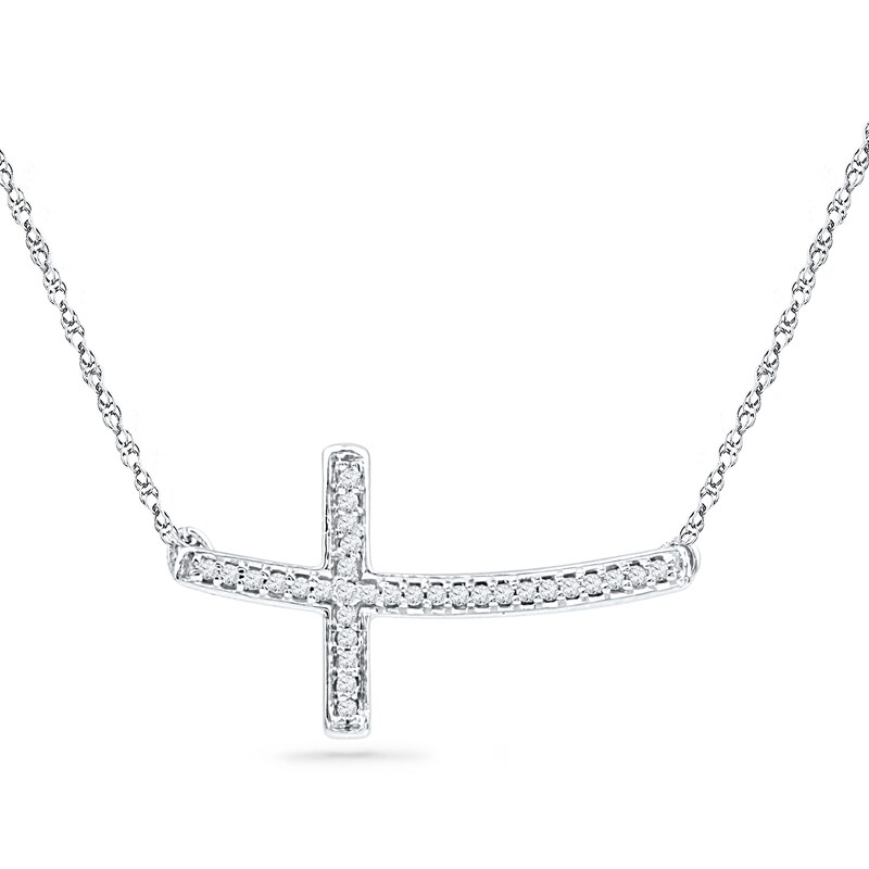 Main Image 1 of Previously Owned - 1/10 CT. T.W. Diamond Sideways Curved Cross Necklace in 10K White Gold