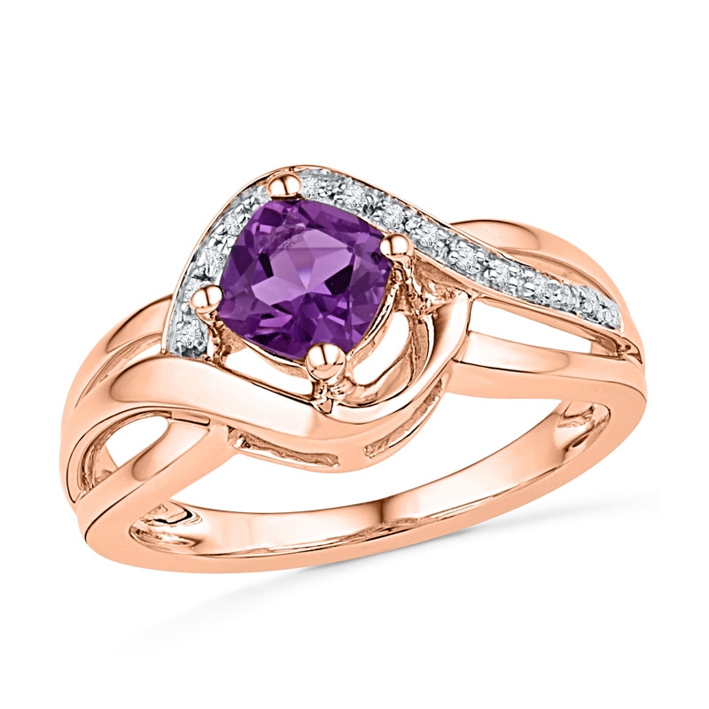 Previously Owned - 5.0mm Cushion-Cut Amethyst and Diamond Accent Ring in 10K Rose Gold