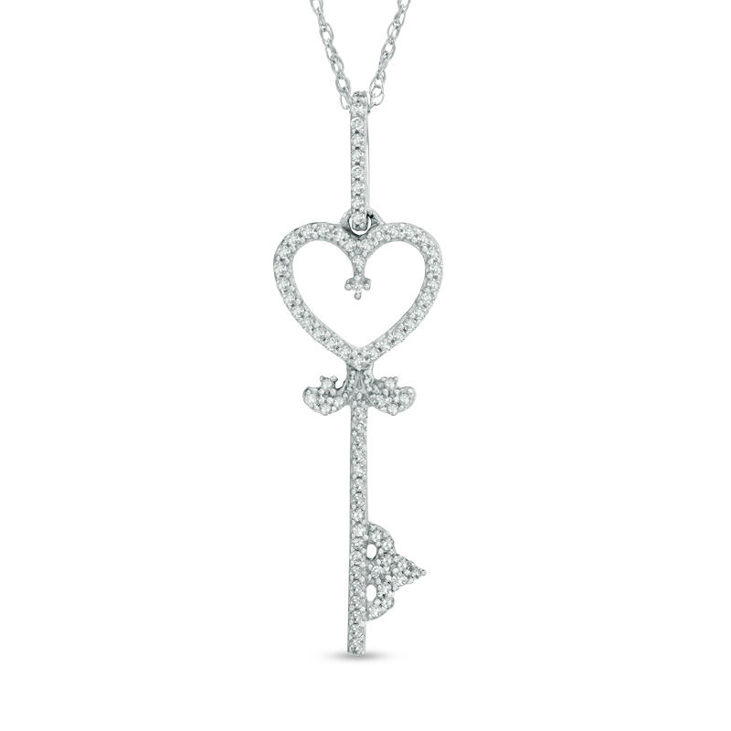 Main Image 1 of Previously Owned - 1/8 CT. T.W. Diamond Heart-Top Key Pendant in 10K White Gold