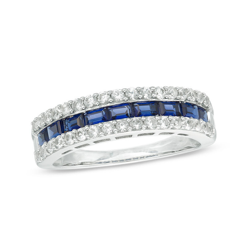 Previously Owned - Lab-Created Blue and White Sapphire Three Row Band in Sterling Silver
