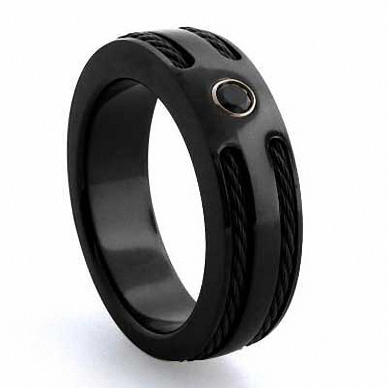 Previously Owned - Midnight Cable by Edward Mirell Men's Black Spinel Wedding Band in Black Titanium and Sterling Silver