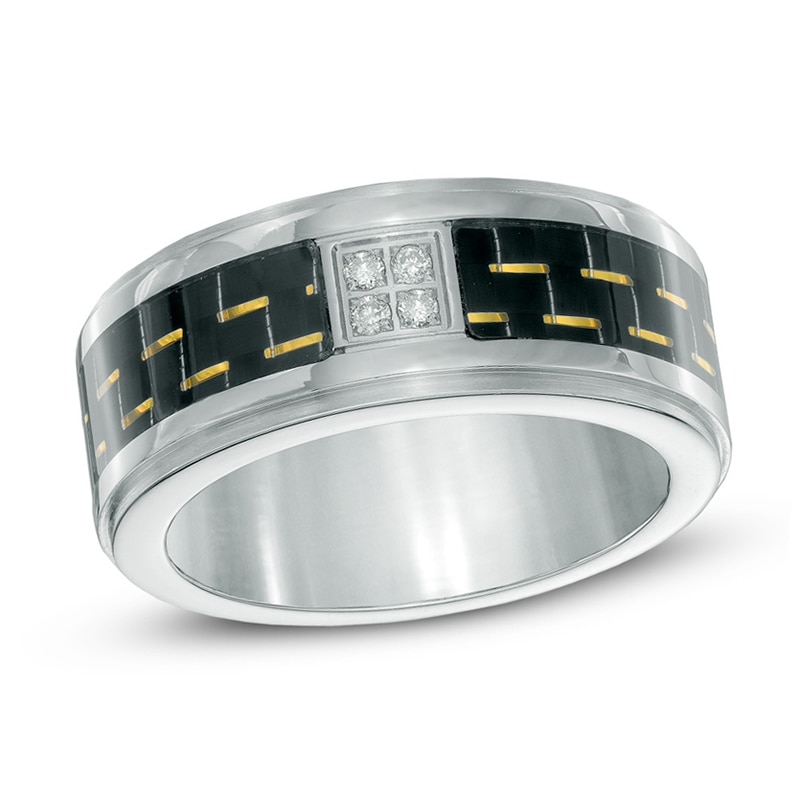 Previously Owned - Men's Quad Diamond Accent Carbon Fiber Comfort Fit Wedding Band in Stainless Steel
