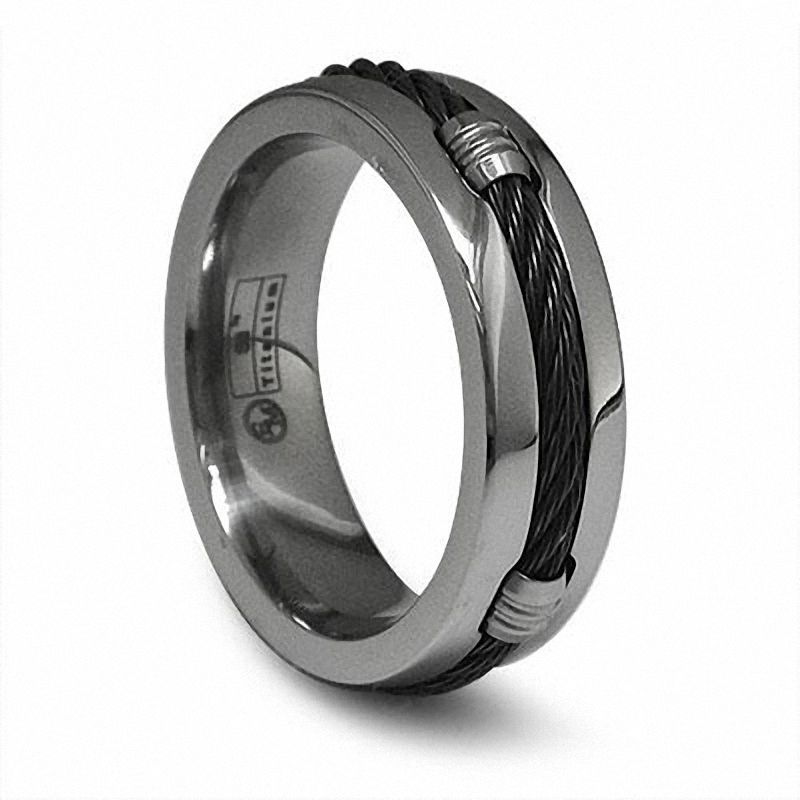 Main Image 1 of Previously Owned - Signature Cable by Edward Mirell Men's 7.0mm Barrel and Black Cable Band in Two-Tone Titanium