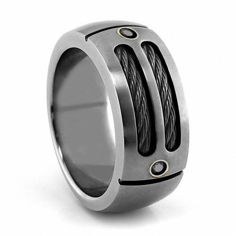 Previously Owned - Cable Sport by Edward Mirell Men's 9.5mm Grey Titanium Double Cable Ring with Black Spinel