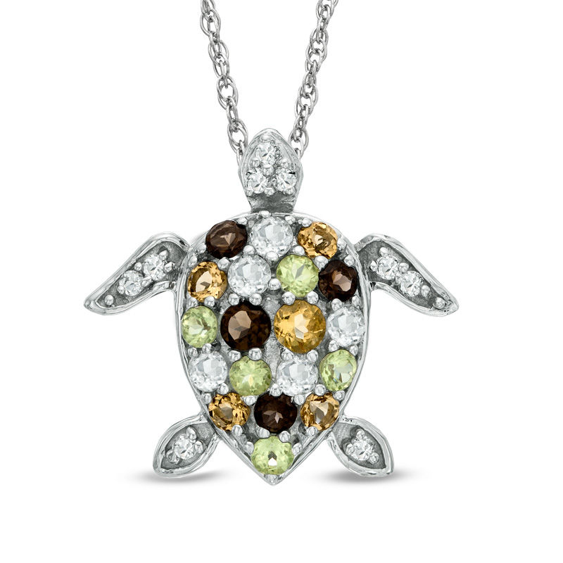 Previously Owned - Multi-Gemstone and White Topaz Turtle Pendant in Sterling Silver