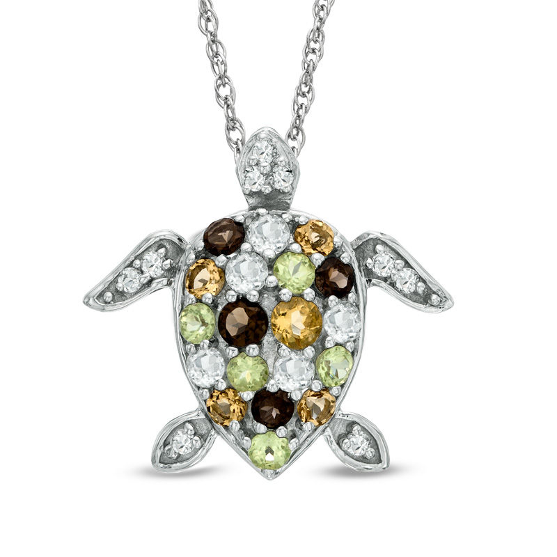Main Image 1 of Previously Owned - Multi-Gemstone and White Topaz Turtle Pendant in Sterling Silver