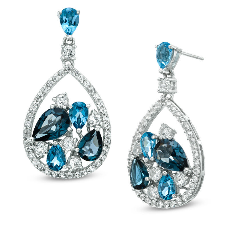 Main Image 1 of Previously Owned - Multi-Shaped Blue and White Topaz Drop Earrings in Sterling Silver