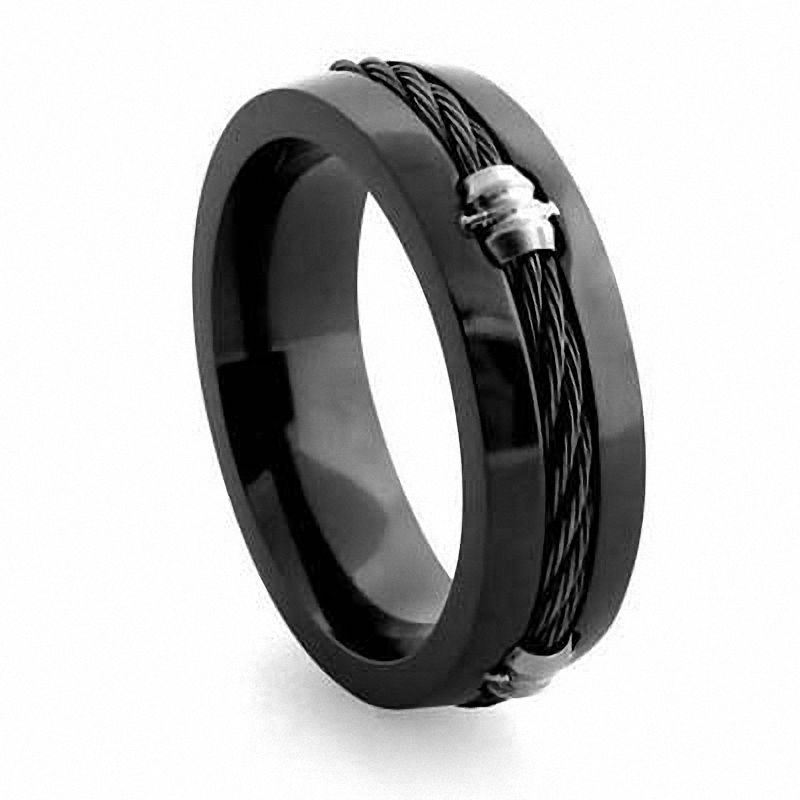 Previously Owned - Midnight Cable by Edward Mirell Men's 7.0mm Barrel and Cable Wedding Band in Black Titanium