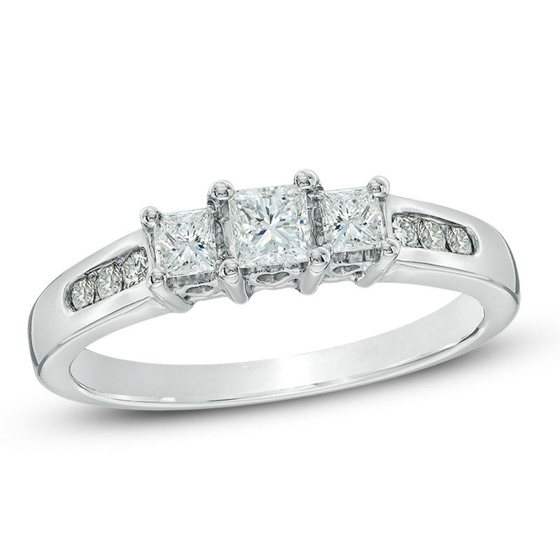 Previously Owned - 1/2 CT. T.W. Princess-Cut Diamond Past Present Future® Ring in 14K White Gold