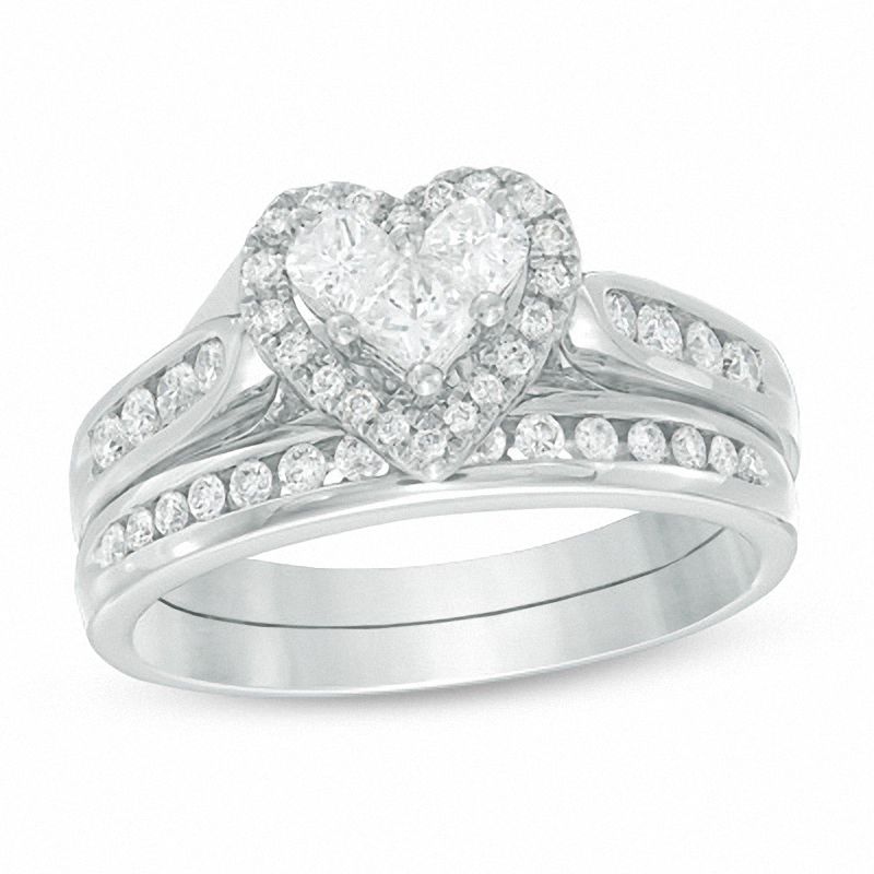 Main Image 1 of Previously Owned - 5/8 CT. T.W. Heart-Shaped Multi-Diamond Bridal Set in 14K White Gold