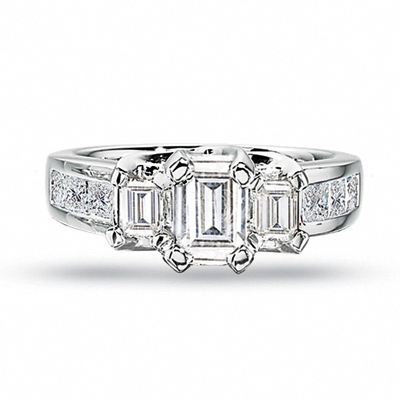 Previously Owned - 1 CT. T.W. Emerald-Cut Diamond Three Stone Engagement Ring in 14K White Gold