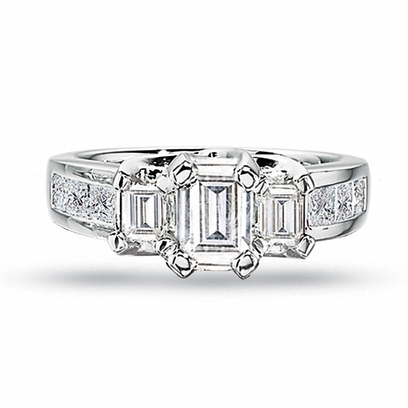 Main Image 1 of Previously Owned - 1 CT. T.W. Emerald-Cut Diamond Three Stone Engagement Ring in 14K White Gold