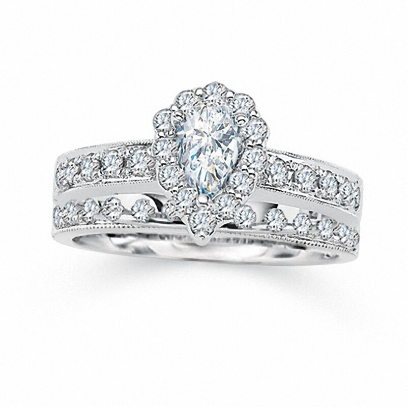 Main Image 1 of Previously Owned - 1-1/4 CT. T.W. Pear-Shaped Diamond Bridal Set in 14K White Gold