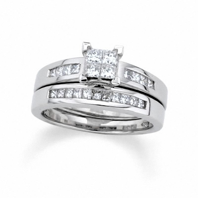 Main Image 1 of Previously Owned - 1-1/2 CT. T.W. Quad Princess-Cut Diamond Bridal Set in 14K White Gold