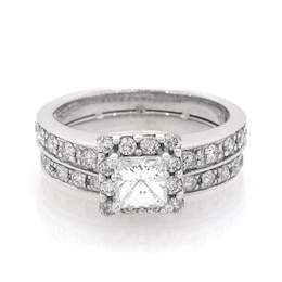 Previously Owned 1-1/4 CT. T.W. Princess Cut Diamond Soldered Bridal Set in 14K White Gold