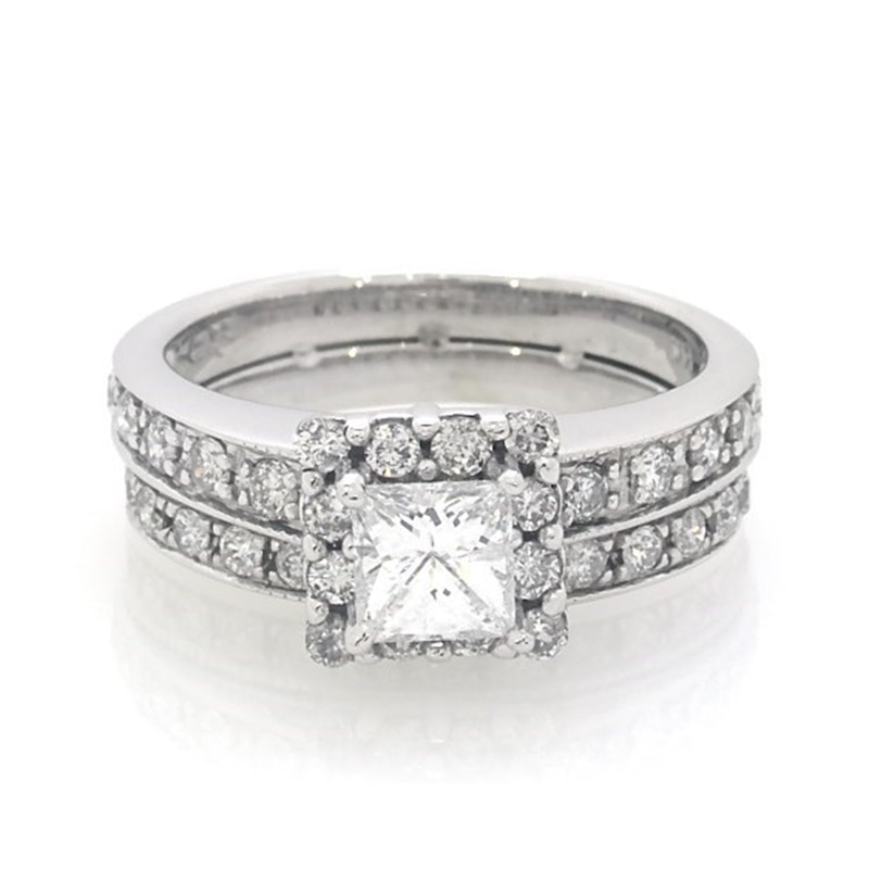 Main Image 1 of Previously Owned 1-1/4 CT. T.W. Princess Cut Diamond Soldered Bridal Set in 14K White Gold