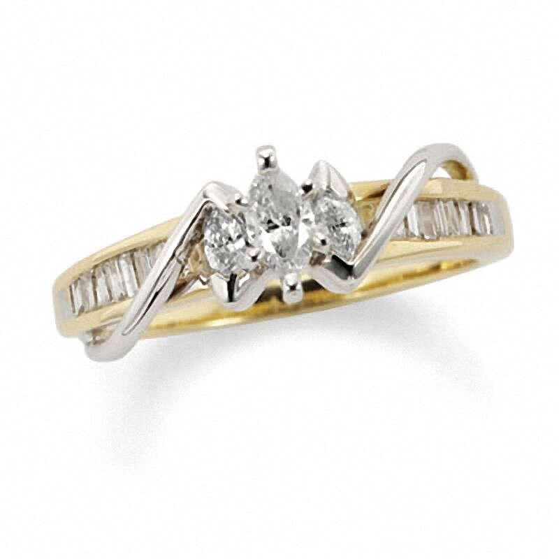 Main Image 1 of Previously Owned - 1 CT. T.W. Marquise Diamond Three Stone Engagement Ring in Two-Tone 14K Gold