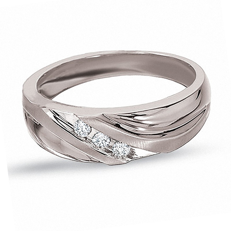 Main Image 1 of Previously Owned - 1/8 CT. T.W. Diamond Three Stone Wedding Band in 10K White Gold
