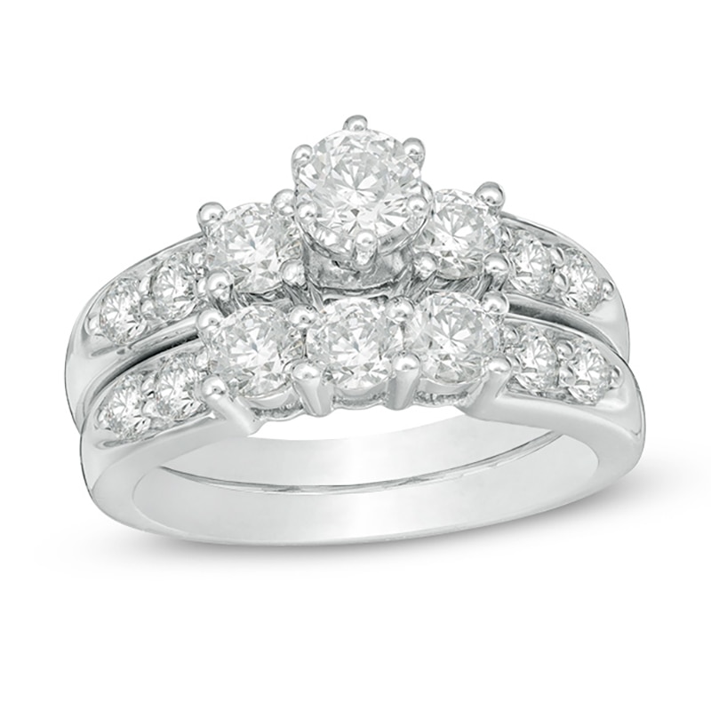Main Image 1 of Previously Owned - 2 CT. T.W. Diamond Three Stone Bridal Set in 14K White Gold