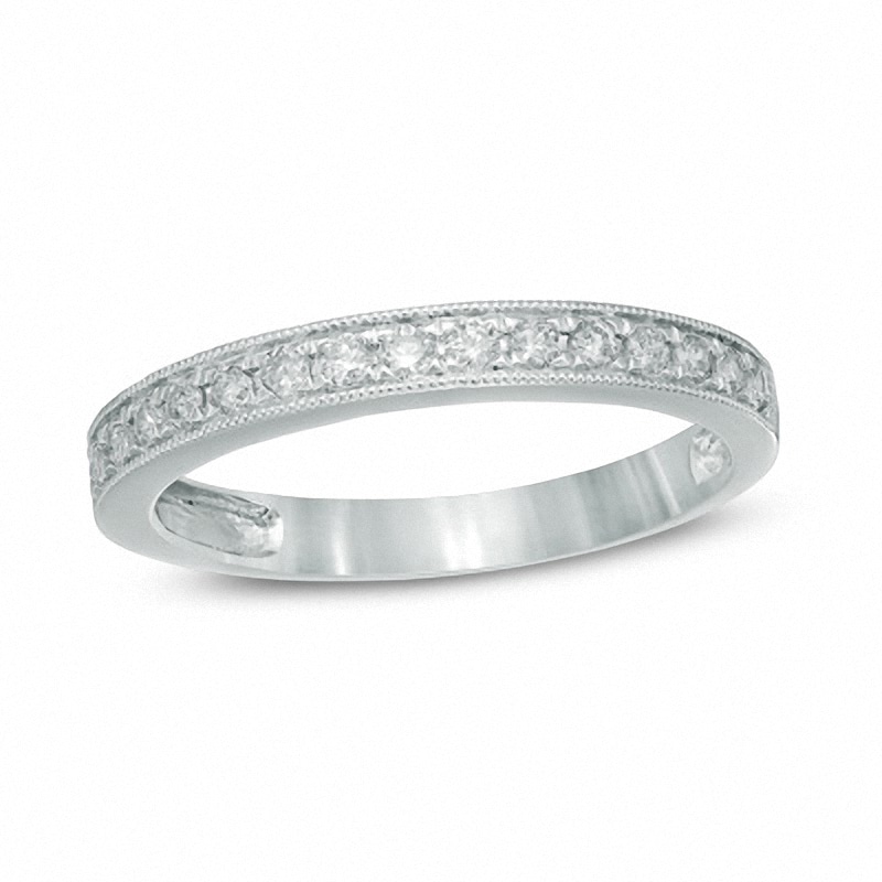 Main Image 1 of Previously Owned - 1/4 CT. T.W. Diamond Vintage-Style Milgrain Band in 14K White Gold