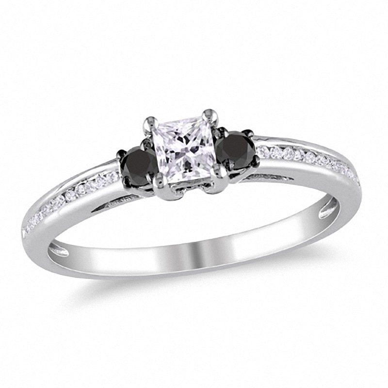 Main Image 1 of Previously Owned - 1/2 CT. T.W. Enhanced Black and White Princess-Cut Diamond Three Stone Ring in 10K White Gold