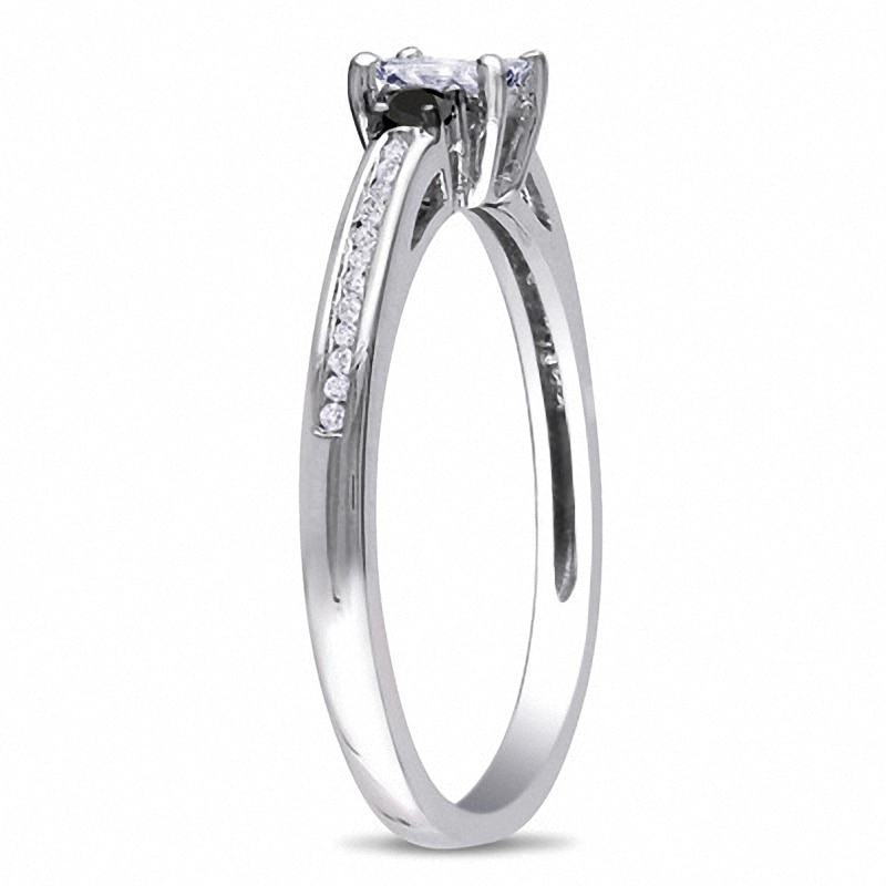 Main Image 2 of Previously Owned - 1/2 CT. T.W. Enhanced Black and White Princess-Cut Diamond Three Stone Ring in 10K White Gold
