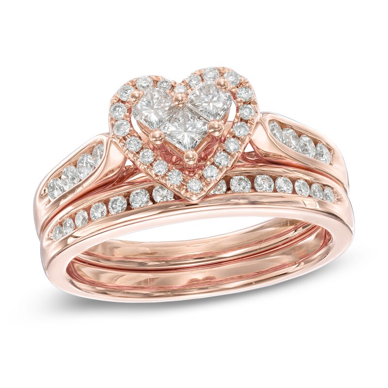 Main Image 1 of Previously Owned - 3/4 CT. T.W. Diamond Heart-Shaped Frame Bridal Set in 14K Rose Gold