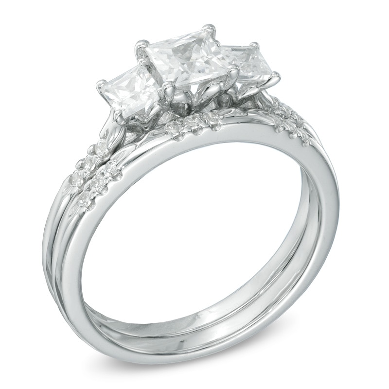 Main Image 2 of Previously Owned - 1 CT. T.W. Princess-Cut Diamond Past Present Future® Bridal Set in 14K White Gold