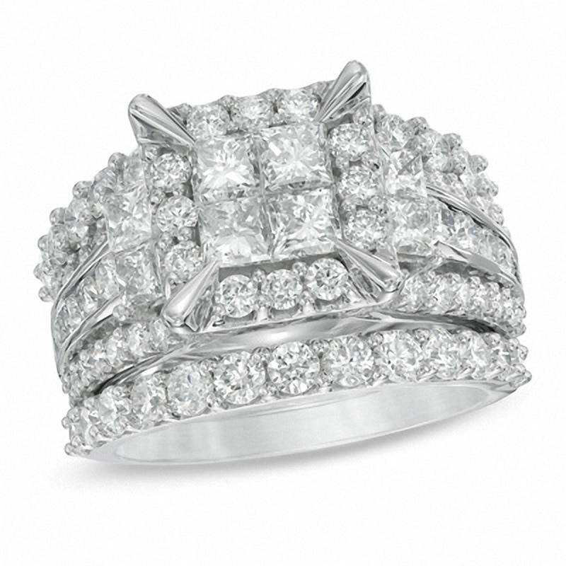 Main Image 1 of Previously Owned - 4 CT. T.W. Quad Princess-Cut Diamond Frame Three Piece Bridal Set in 14K White Gold