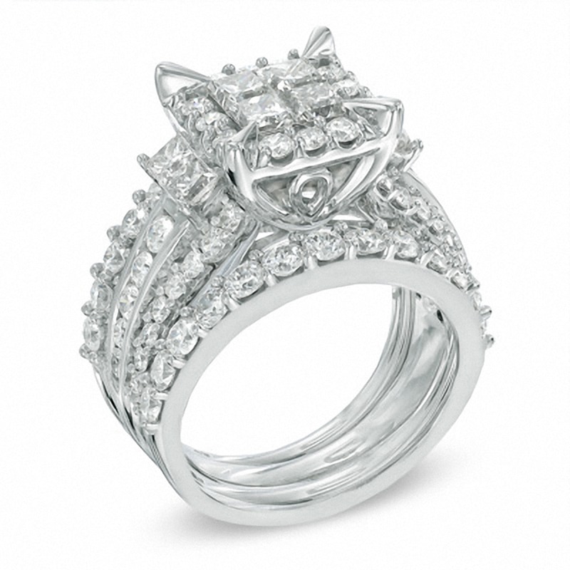 Main Image 2 of Previously Owned - 4 CT. T.W. Quad Princess-Cut Diamond Frame Three Piece Bridal Set in 14K White Gold