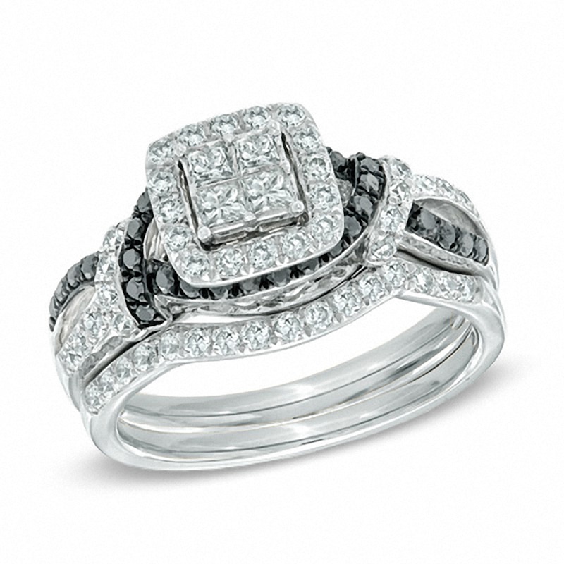 Main Image 1 of Previously Owned - 1 CT. T.W. Quad Princess-Cut Enhanced Black and White Diamond Bridal Set in 14K White Gold