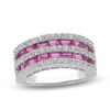 Thumbnail Image 0 of Previously Owned - Baguette Lab-Created Pink and White Sapphire Double Row Ring in Sterling Silver