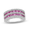 Thumbnail Image 1 of Previously Owned - Baguette Lab-Created Pink and White Sapphire Double Row Ring in Sterling Silver