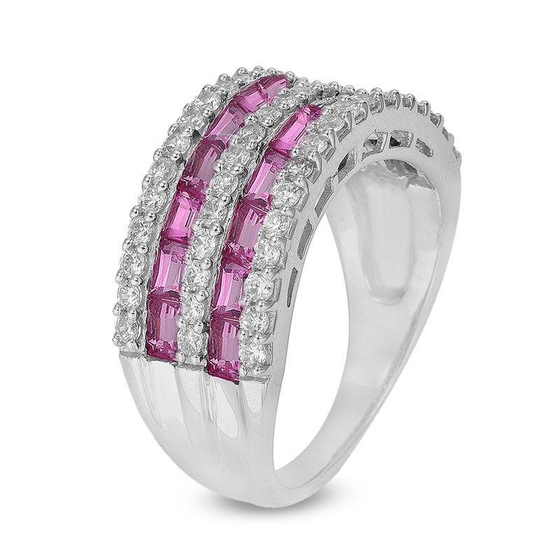 Previously Owned - Baguette Lab-Created Pink and White Sapphire Double Row Ring in Sterling Silver