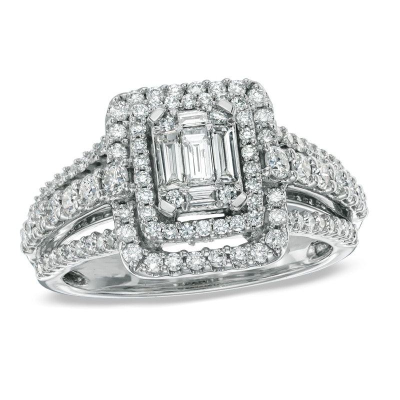 Main Image 1 of Previously Owned - 1 CT. T.W. Multi-Baguette Diamond Double Frame Engagement Ring in 14K White Gold