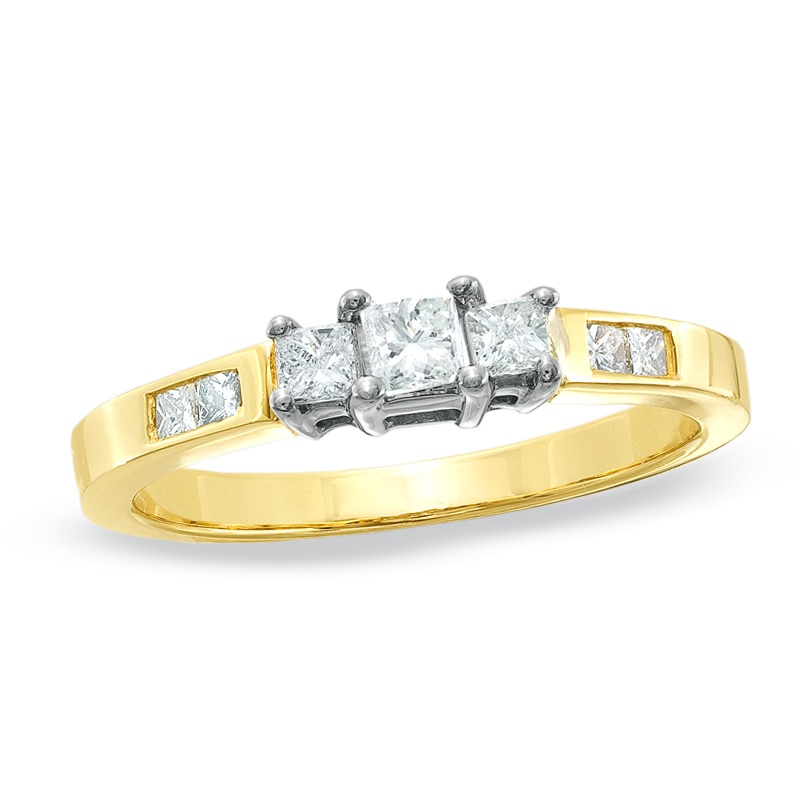 Previously Owned - 1/2 CT. T.W. Princess-Cut Diamond Three Stone Engagement Ring in 14K Gold