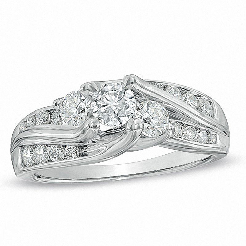 Main Image 1 of Previously Owned - 1 CT. T.W. Diamond Past Present Future® Slant Ring in 14K White Gold