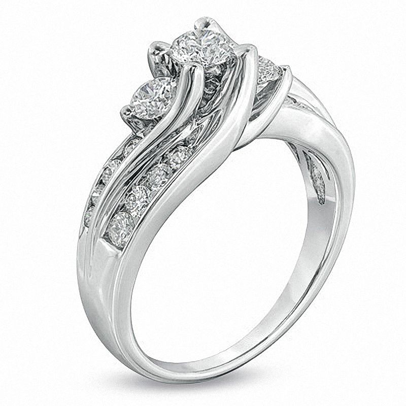 Main Image 2 of Previously Owned - 1 CT. T.W. Diamond Past Present Future® Slant Ring in 14K White Gold