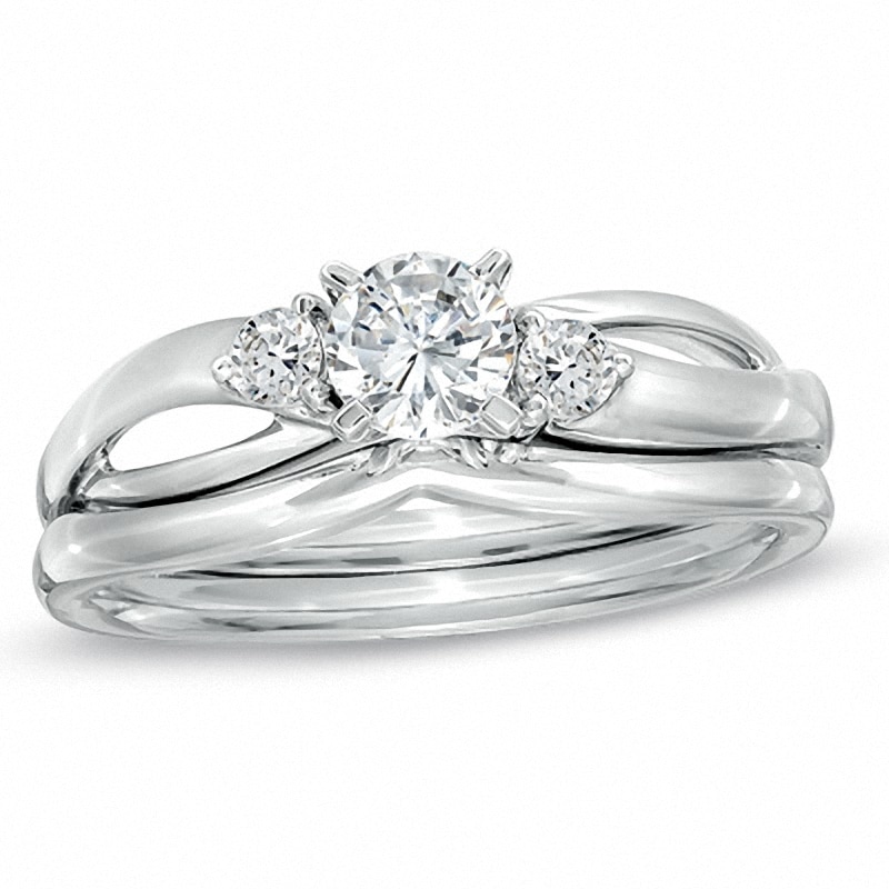 Main Image 1 of Previously Owned - 1/2 CT. T.W. Diamond Three Stone Split Shank Bridal Set in 14K White Gold (I/SI2)